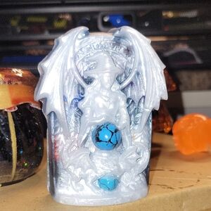 Handmade Resin Witch Dragon Art; Blue Stone Marbled Orbs; Partially Glow In Dark